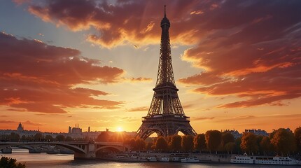 Obraz premium Eiffel Tower in Paris, France, is pictured here at dusk with an orange sky