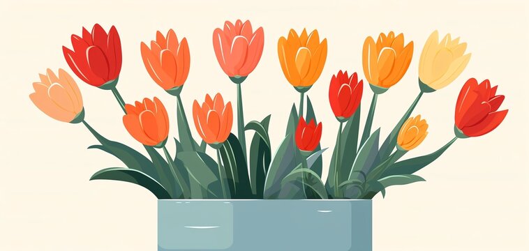 A colorful illustration of tulips in various shades of orange, red, and yellow in a blue vase, perfect for spring decor.