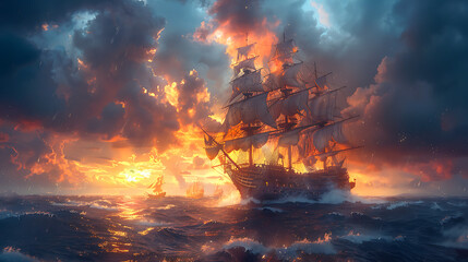 illustration of a pirate ship sailing the high seas with swashbuckling adventurers buried treasure and thrilling naval battles amidst raging storms and treacherous waters