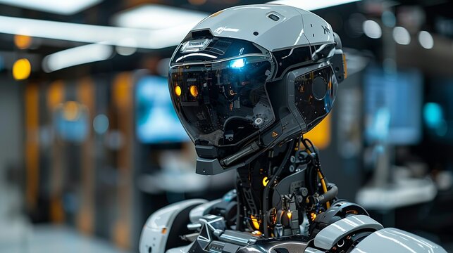 The robot's helmet features a built-in communication device, allowing it to receive instructions and updates from the central control room or human supervisors seamlessly. safety first for Industrial