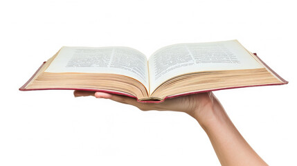 hand holding open vintage book page view from side isolated on white background 