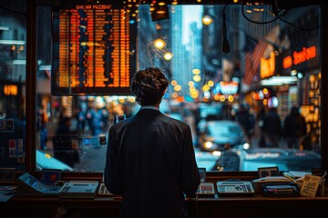 Busy morning at a stock broker's office, action-packed, high contrast, Documentary Photography style, color image