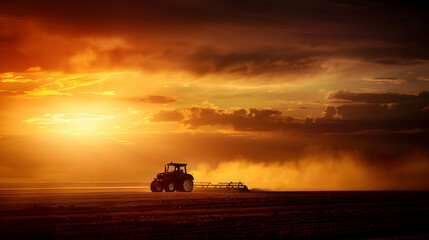 High-contrast image of a tractor plowing a field at sunset, with light creating long shadows and a dramatic atmosphere.