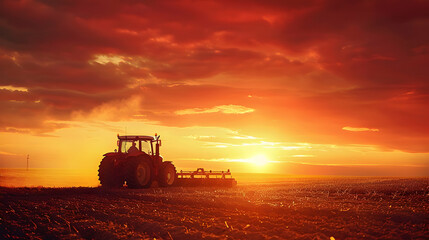 Fototapeta premium High-contrast image of a tractor plowing a field at sunset, with light creating long shadows and a dramatic atmosphere.