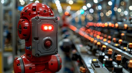 An emergency stop button prominently displayed on the robotâ€™s control panel ensures that it can halt operations instantly in case of a malfunction or safety hazard. safety first for Industrial works