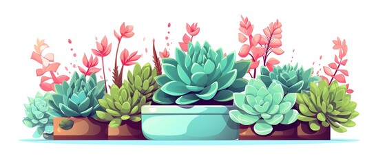 Vibrant arrangement of various succulent plants in colorful pots. Ideal for nature and gardening themes. White background included.