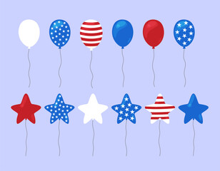 USA balloons vector set. Flat illustration of decorative elements for Independence Day or other American holidays in United States flag colors, stripes and stars