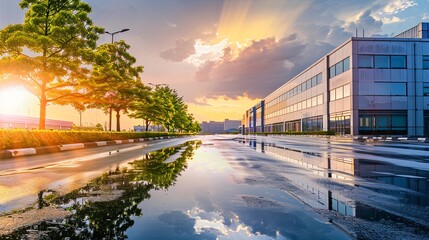 Sleek office building factory reflecting in puddle under beautiful sky