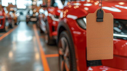 Obraz premium Car Dealership - A car showroom with vehicles on display and a blank price tag or sign for copy space.