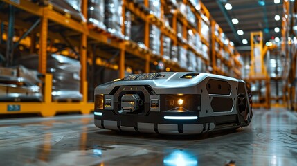 Fototapeta premium The robotâ€™s back has a sleek compartment for additional tools and devices, showcasing its multifunctional design and readiness to tackle various tasks in the warehouse. safety first for Industrial