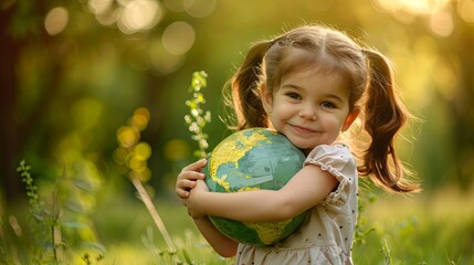Naklejka premium Happy little girl hugging planet Earth for world protection