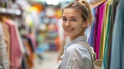Beautiful woman working in a clothing store. Saleswoman at a shopping center