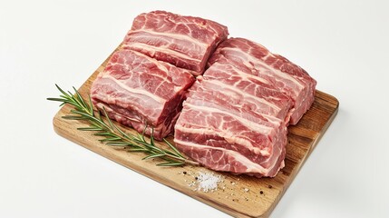 fresh pork belly meat on cutting board isolated on white . Generative Ai