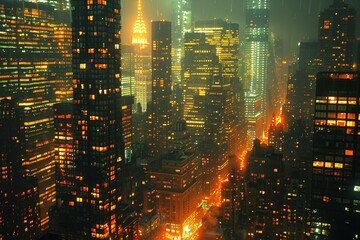 Fototapeta premium Night view of a bustling financial district, skyscrapers with glowing windows, Documentary Photography style
