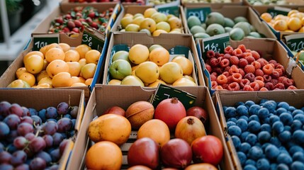 Fresh raw fruits in boxes at street market close up. Generative Ai