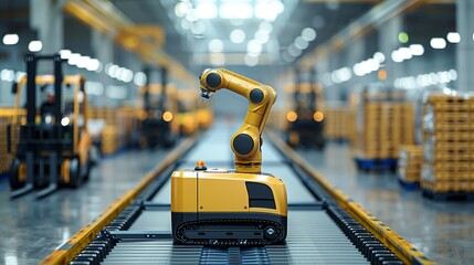 The warehouse setting includes forklifts and other machinery, with the robot working harmoniously alongside these tools, showcasing its integration into the overall workflow. safety first for