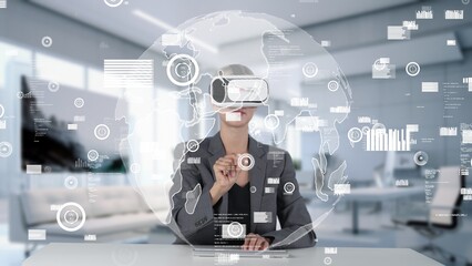 Woman selecting market world dynamic data research analysis sliding graph monitor via VR global innovation interface digital network technology visual hologram smart animation at office. Contraption.