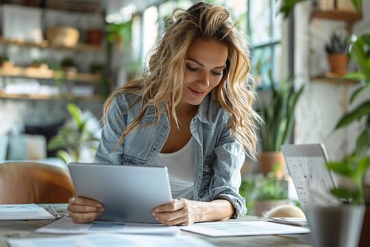 Young professionals discussing over digital tablets in a sunny modern office, fresh and energetic, Editorial Photography style