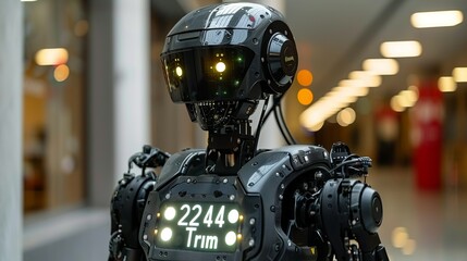 Fototapeta premium The robotâ€™s LED display on its chest shows real-time data on environmental conditions, including radiation, temperature, and air quality, critical for monitoring hazardous locations. AI Technology