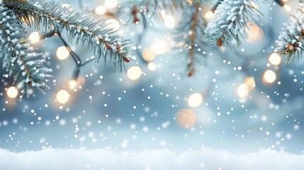 A festive Christmas background with soft focus bokeh lights over a gradient from icy blue to snowy white, creating a wintry holiday scene.