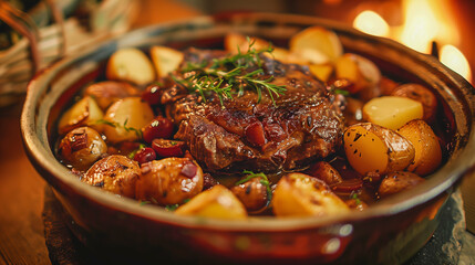 Coq au Vin in a rustic French kitchen, rich red wine sauce, 