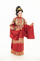 A woman wearing ancient Chinese clothing against a white background.