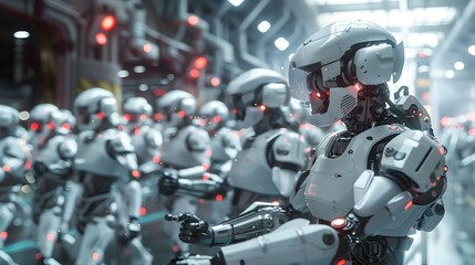 Naklejka premium Robots Wreak Havoc: Overpowering Guards and Breaking Through Secure Facility