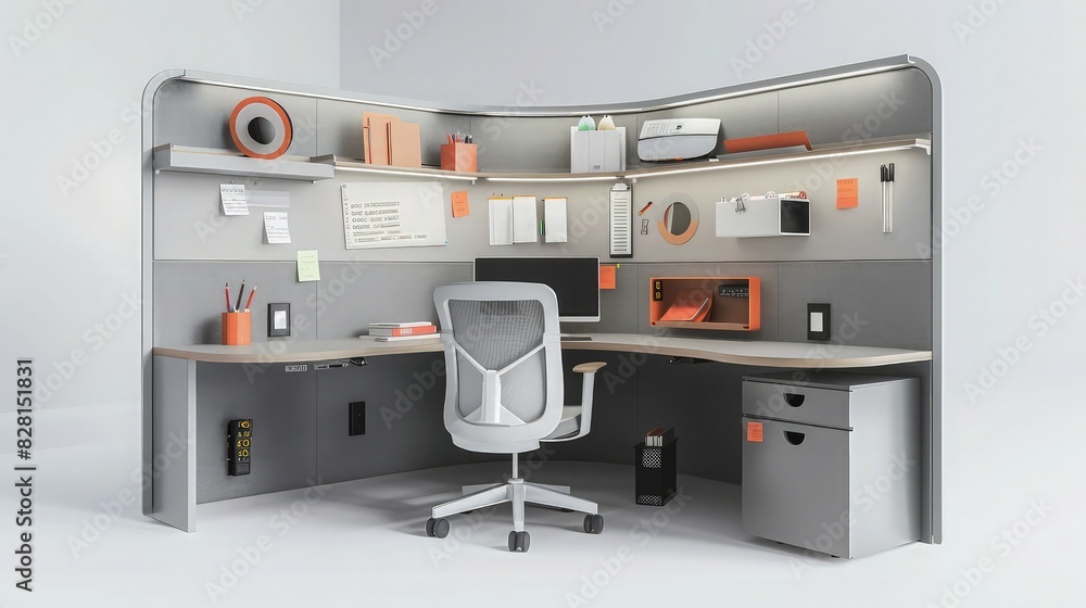 Poster a functional study setup with a high-tech desk featuring built-in outlets, a comfortable swivel chai