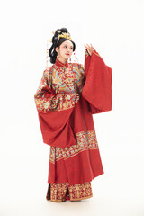 Fototapeta premium A woman wearing ancient Chinese clothing against a white background.