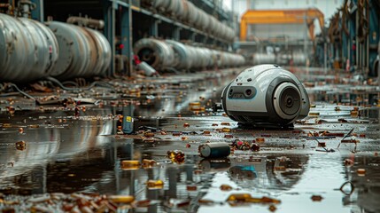 The floor of the hazardous location is littered with debris and chemical spills, yet the robot maneuvers efficiently, highlighting its robustness and suitability for these tough conditions. AI