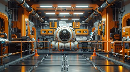 Safety barriers and hazard signs around the robot emphasize the high-risk nature of the environment, where precise and cautious operations are crucial for safety. AI Technology and Industrial works