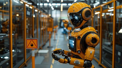 Safety barriers and hazard signs around the robot emphasize the high-risk nature of the environment, where precise and cautious operations are crucial for safety. AI Technology and Industrial works