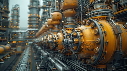 Fototapeta premium The hazardous location includes massive reactors and processing units, with the robot working seamlessly within this infrastructure, showcasing its integration into the industrial workflow. AI