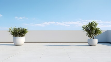 Empty outdoor roof terrace with potted plants in minimal style. Generative AI