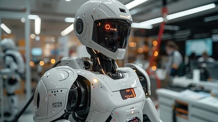 The robotâ€™s chest plate opens to reveal diagnostic tools and indicators, allowing technicians to perform maintenance and updates without exposing themselves to danger. AI Technology and Industrial