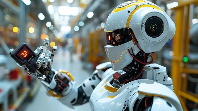 The robot is shown using a handheld sensor to detect leaks and structural weaknesses, its precise movements and advanced technology ensuring comprehensive safety inspections in oil plants. AI