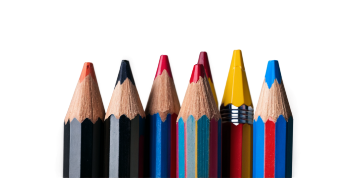 A row of pencils with different colors and one of them is missing isolated on transparent background