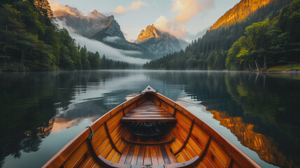 A small wooden boat is floating on a lake with mountains in the background. The scene is peaceful and serene, with the boat reflecting the beauty of the surrounding landscape - Powered by Adobe
