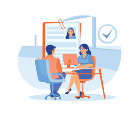 The HR manager is interviewing a job seeker. The manager reads the candidate's data. Job interview concept. Flat vector illustration.