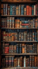 The backdrop features a series of antique bookcases filled with weathered, leather-bound volumes, evoking the ambiance of an old library or study, perfect for intellectual-themed portraits.