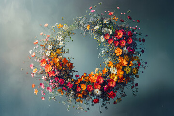 An abstract wreath of pixelated flowers, resembling a digital art piece, photographed from a diagonal top-down angle to highlight the transition from digital to organic forms