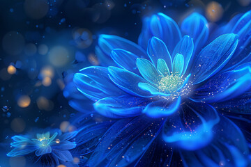 Blue glowing flower fractal with glowing particles with depth of field, computer generated abstract background