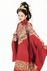 A woman wearing ancient Chinese clothing against a white background.