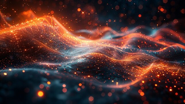 A vibrant, abstract representation of quantum entanglement, with interconnected particles and waves of energy linking distant points in a dark, infinite space. AI Technology and Industrial works
