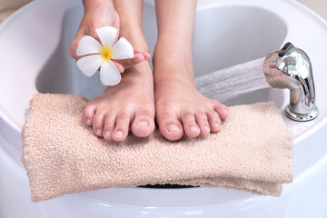 Close up, beautiful woman's hands hold flowers on her feet which are on a foot massage tub, prepare...