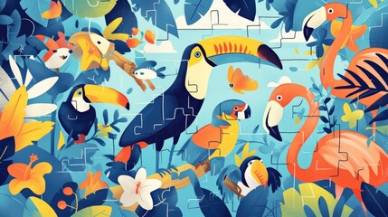 Fototapeta premium Printable worksheet for kids featuring adorable tropical jungle animals like toucans and flamingos designed as a fun and engaging jigsaw puzzle in a charming cartoon style