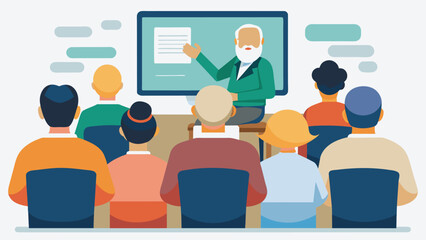 A class of seniors listening intently as their instructor explains the importance of internet safety and protecting personal information.. Vector illustration