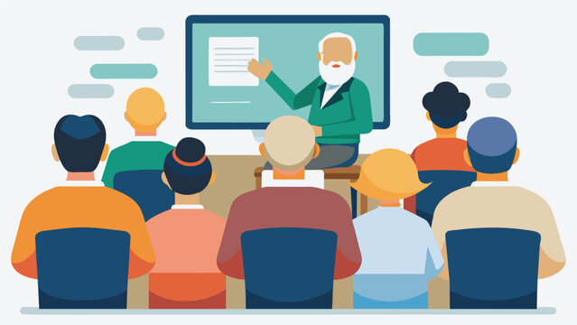 A class of seniors listening intently as their instructor explains the importance of internet safety and protecting personal information.. Vector illustration