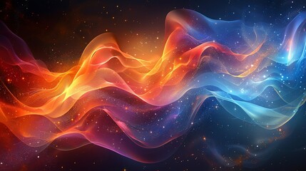 An abstract, colorful representation of wave-particle duality, with intertwined waves and particles flowing seamlessly through a cosmic background. AI Technology and Industrial works concept,