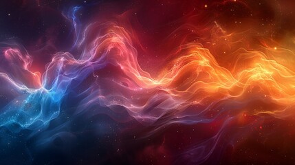 An abstract, colorful representation of wave-particle duality, with intertwined waves and particles flowing seamlessly through a cosmic background. AI Technology and Industrial works concept,
